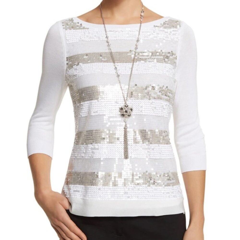 WHBM White and Silver Striped Sequin Lightweight Sweater Size Extra Small NWT